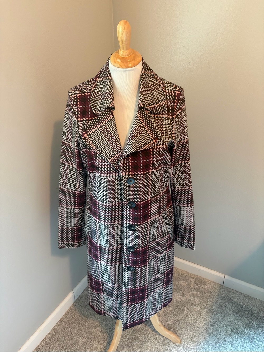 CAbi Burgundy and Black Plaid Long Pea Coat Sovereign Trench #3370